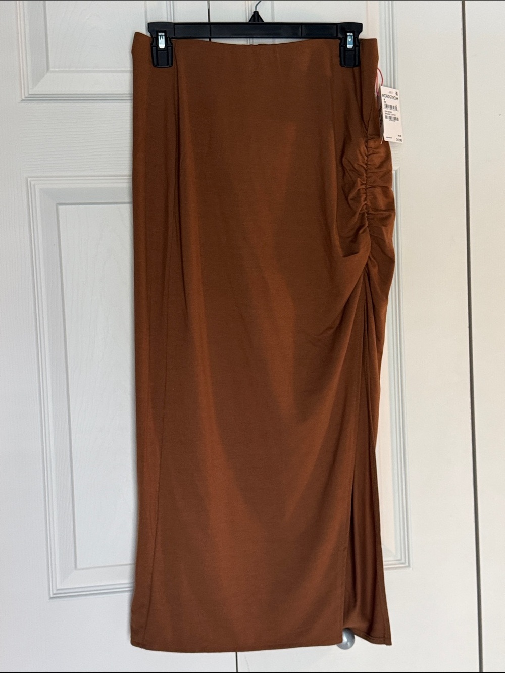 Side-Ruched Midi Skirt in Warm Brown